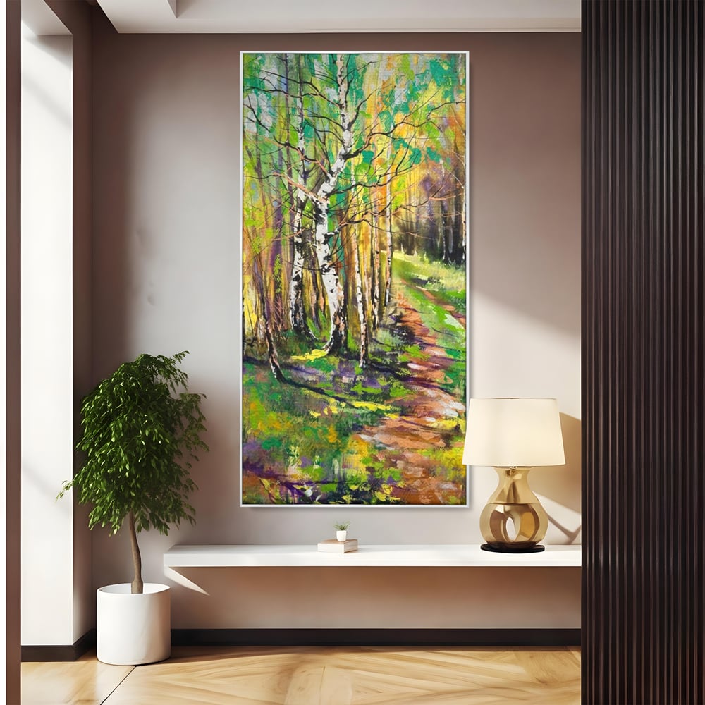 Tablou canvas cu tablou canvas cu padure si mesteacani, in rama de aluminiu argintiu